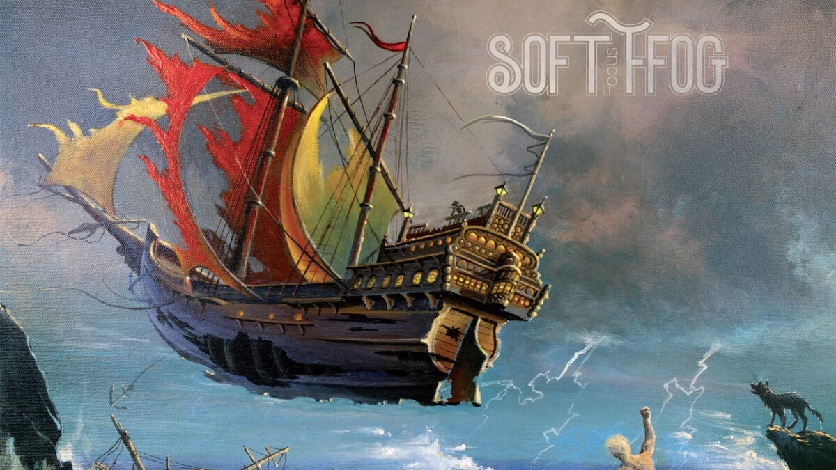 Maleri av en stor historisk seilbåt i urolig sjø, med mennesker som redder seg til lands på berget i forgrunnen.