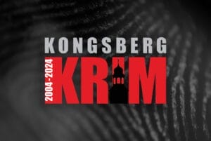 Logoen til Kongsberg Krim, med uklar bakgrunn av et fingeravtrykk.